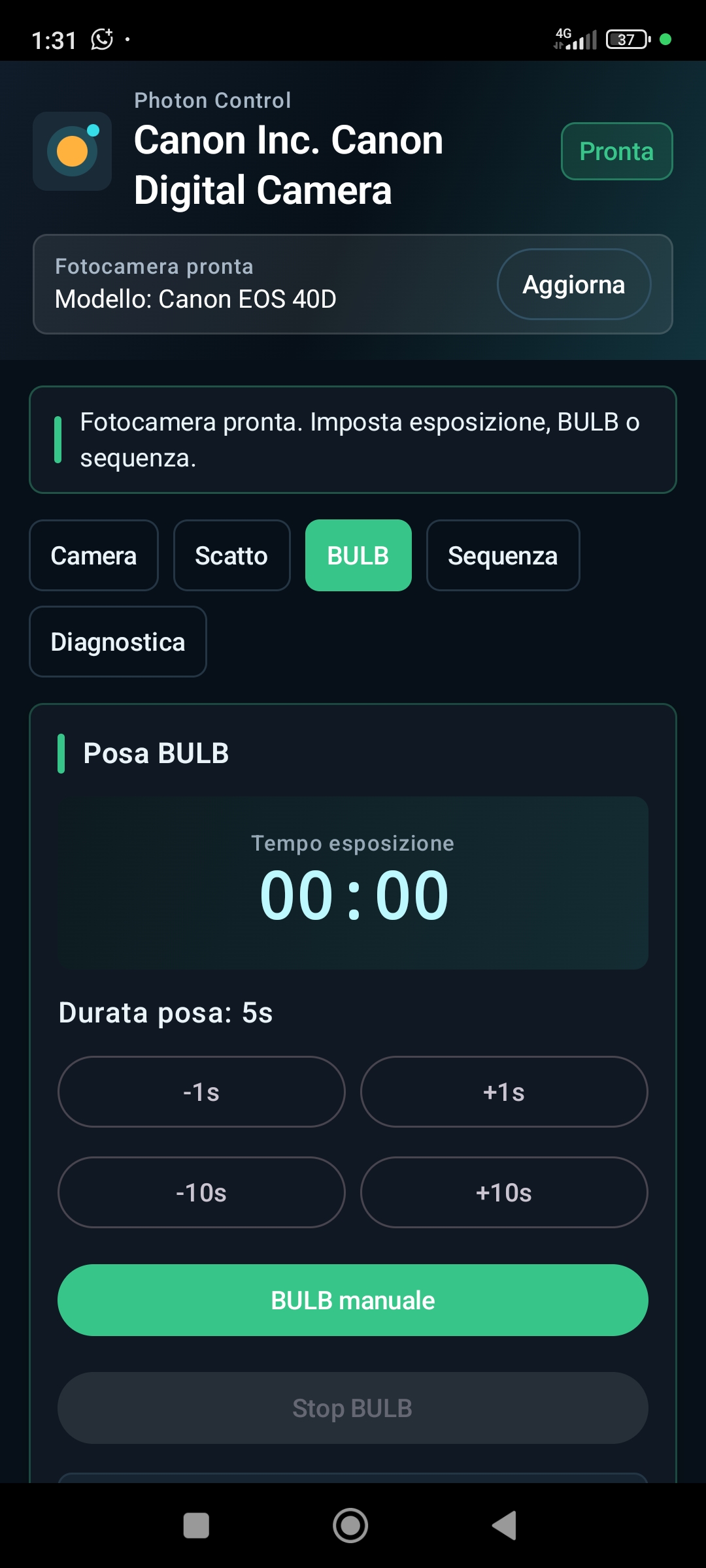 Photon Control screen with BULB controls ready