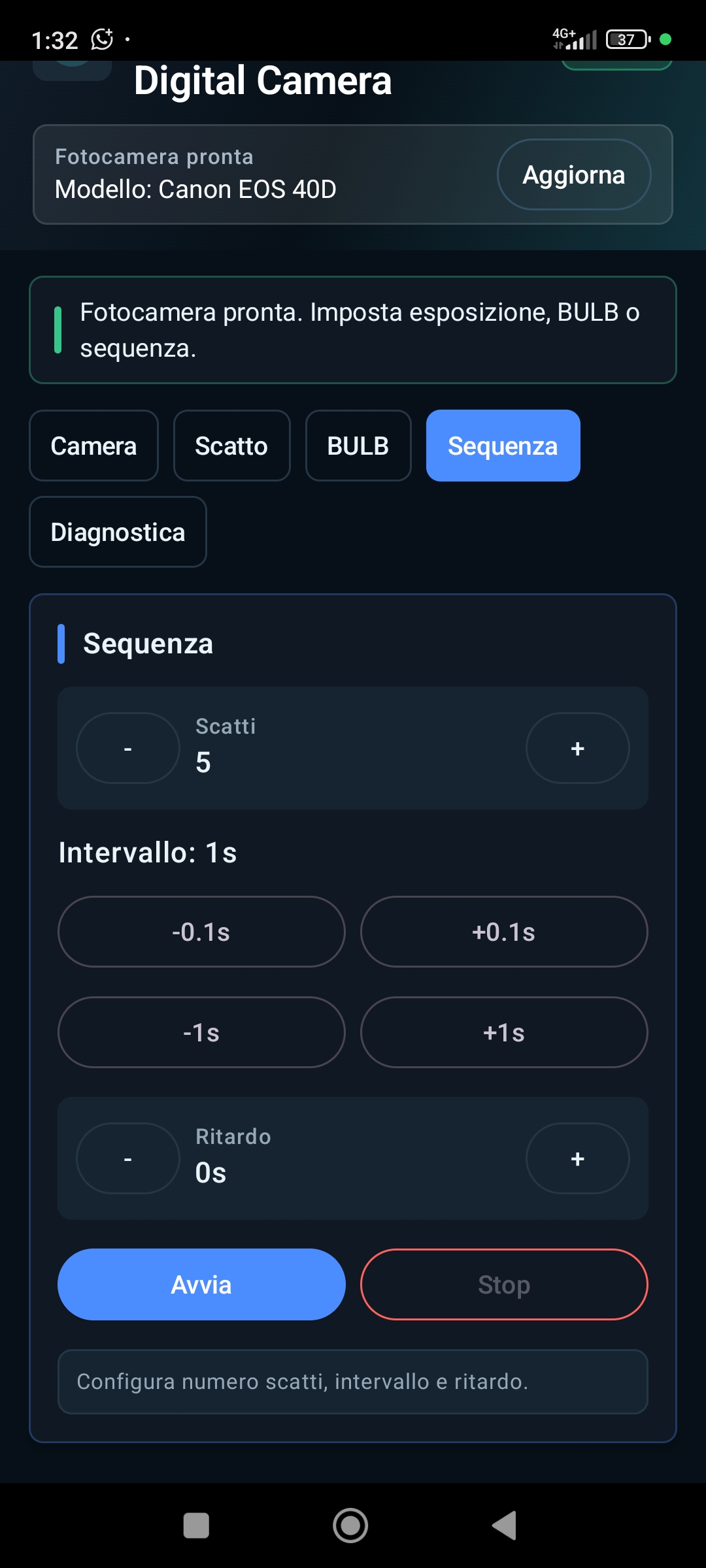 Sequence screen with shots, interval and delay