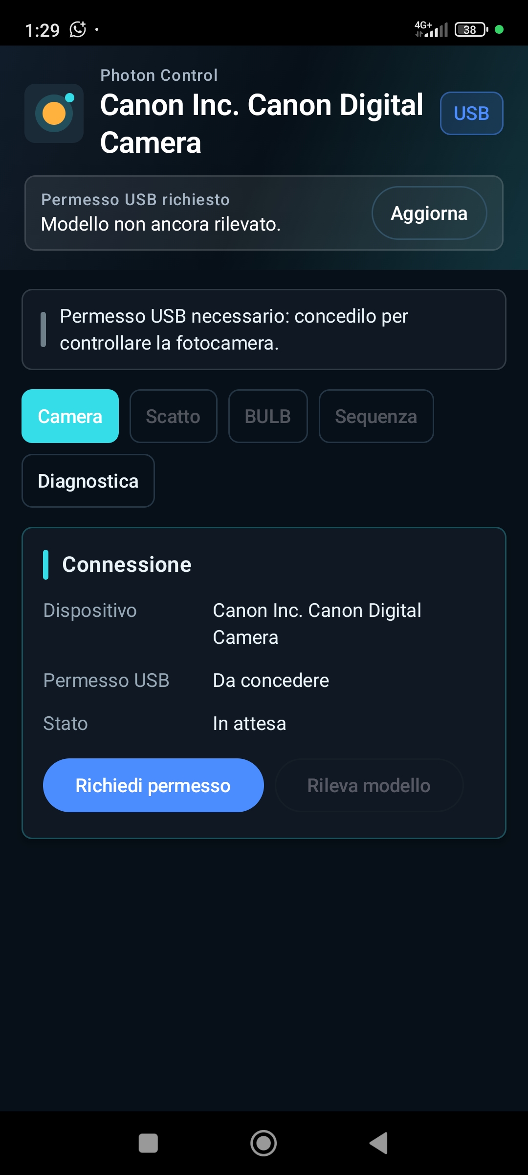 USB connection and permission screen